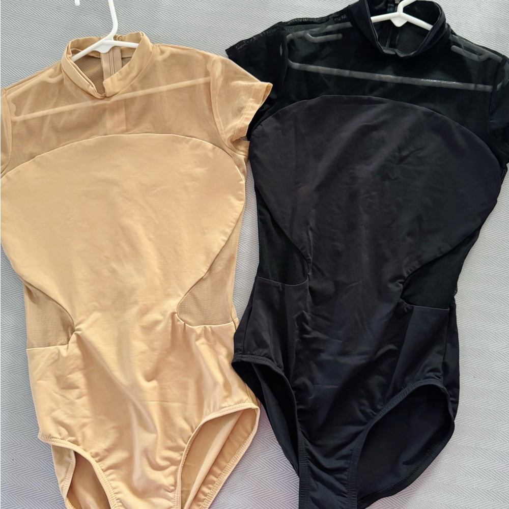 Sheer Panel High-Neck Leotard Bodysuit - Nude & Black